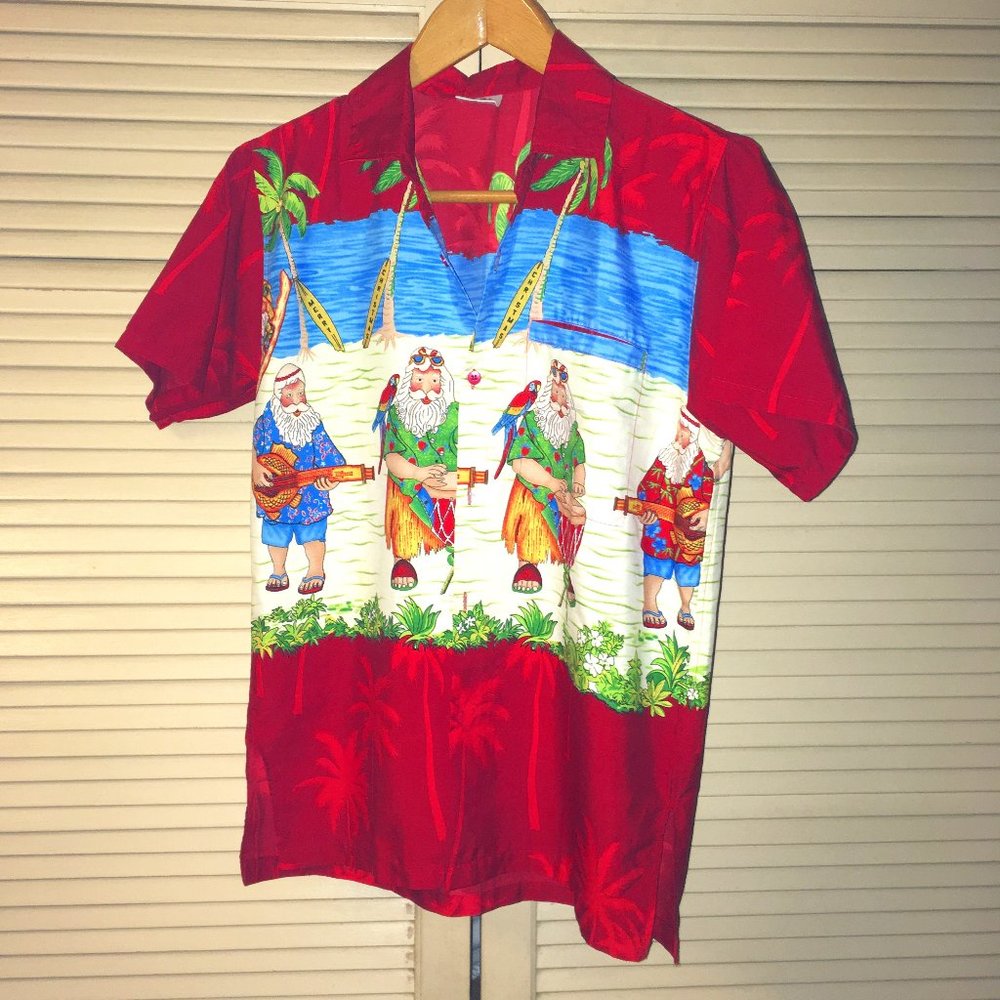 Surfing Santa Unisex Short Sleeve Button Down Hawaiian Shirt